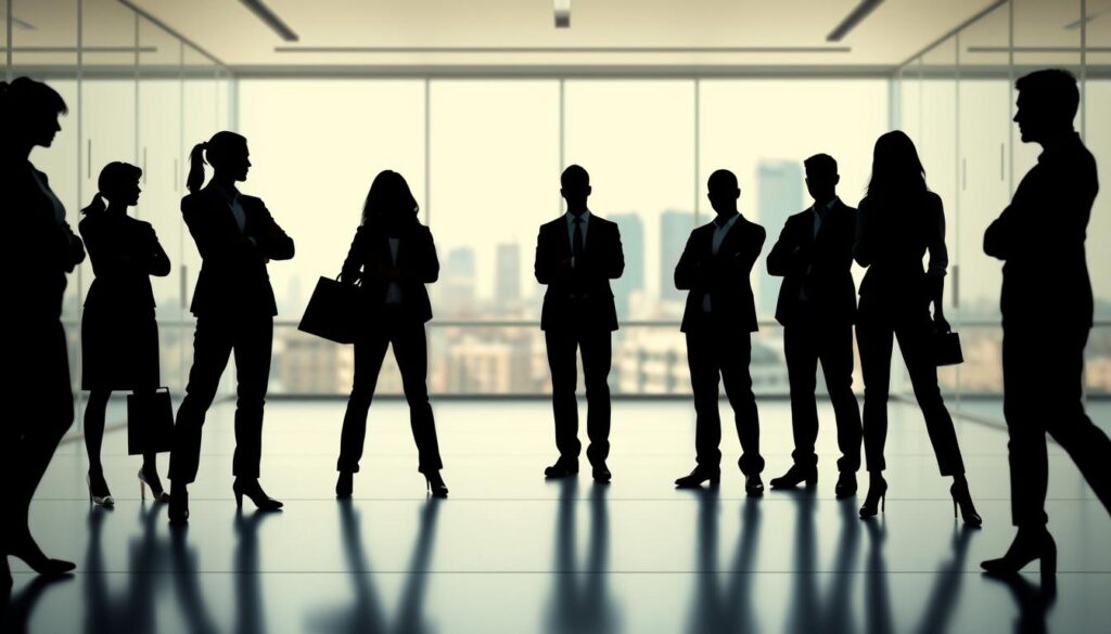 A vibrant comparison of employment types, showcasing the diversity of work arrangements. In the foreground, various silhouettes representing full-time, part-time, freelance, and contract workers stand in sharp relief, their differences highlighted by subtle variations in pose and stance. The middle ground features a sleek, minimalist office setting, with clean lines and a muted color palette providing a sense of professionalism and structure. In the background, a soft, blurred cityscape hints at the broader economic and social context, conveying a sense of dynamic, urban energy. Crisp, natural lighting and a slightly elevated camera angle lend a sense of authority and clarity to the scene, inviting the viewer to contemplate the nuances of today's evolving employment landscape.