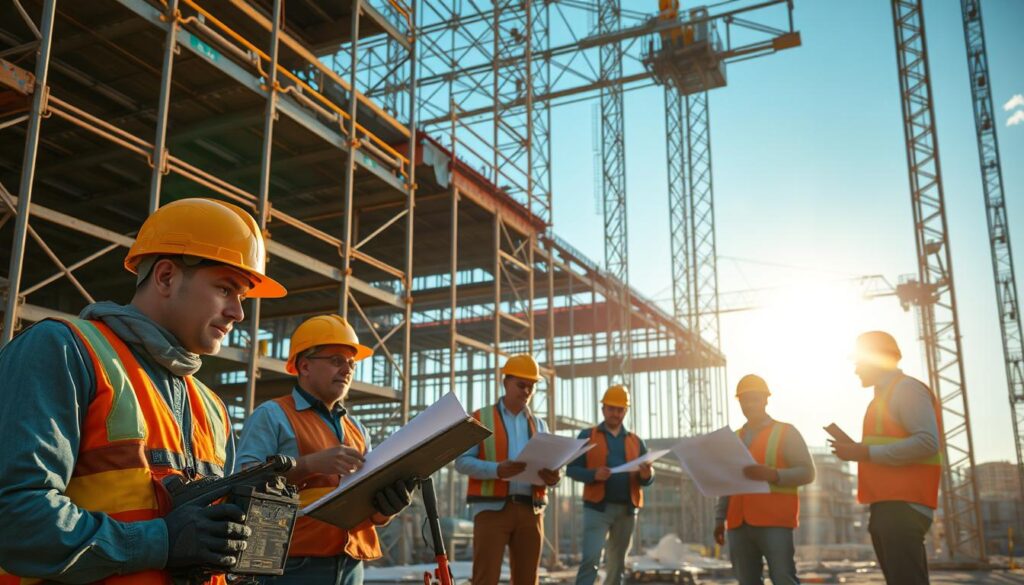 A vibrant construction site bustling with activity, illuminated by warm sunlight filtering through the scaffolding. In the foreground, skilled workers diligently operating heavy machinery, their faces etched with focus and determination. In the middle ground, a team of engineers and site managers collaborate, blueprints in hand, discussing the intricacies of the ongoing project. The background reveals the towering steel frame of the structure taking shape, a testament to the precision and expertise required in modern construction. The scene exudes a sense of dynamic progress, highlighting the practical, hands-on skills needed to bring architectural visions to life.
