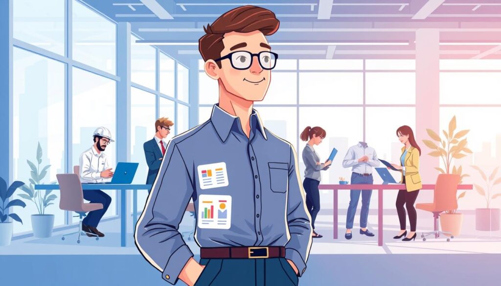 A vibrant digital illustration depicting a side-by-side comparison of a project manager and other professional roles. In the foreground, a project manager stands confidently, surrounded by charts, graphs, and project management tools. In the middle ground, other professionals - an engineer, a marketer, and a financial analyst - are engaged in their respective tasks. The background features a modern office setting with floor-to-ceiling windows, allowing natural light to stream in and create a sense of openness and collaboration. The color palette is a harmonious blend of blues, grays, and subtle accents, conveying a professional, analytical atmosphere. The overall composition highlights the distinct responsibilities and skill sets of each role, inviting the viewer to appreciate the unique contributions of a project manager within a diverse workplace.