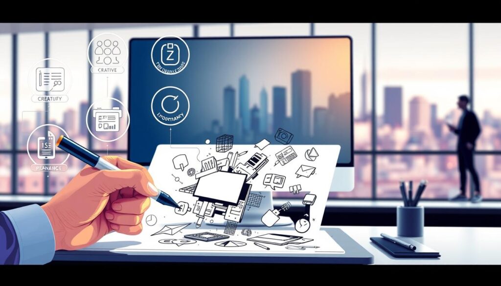 A vibrant, digitally-rendered illustration depicting the essential skills required for an art director. In the foreground, a skilled hand sketches a dynamic design concept with a digital stylus, surrounded by icons representing core competencies such as creative problem-solving, typography, color theory, and user experience. The middle ground showcases a sleek, minimalist workspace with a high-resolution computer monitor, drawing tablet, and neatly organized design tools. In the background, a blurred cityscape suggests the fast-paced, collaborative environment in which art directors thrive, with skyscrapers and silhouettes of other creative professionals. The overall mood is one of focus, creativity, and technical mastery.