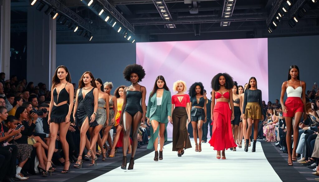 A vibrant, diverse fashion runway showcasing models of varying ethnicities, body types, and gender expressions. The foreground features models strutting confidently, showcasing a range of stylish, high-fashion outfits. The middle ground captures a sea of onlookers, representing an inclusive, welcoming audience. The background depicts a sleek, modern venue with dramatic lighting, creating an atmosphere of sophistication and progressive ideals. The scene conveys a sense of empowerment, celebration of diversity, and the industry's evolving standards of representation.