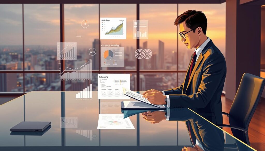 A vibrant, dynamic illustration of the key considerations for a 35-year-old professional with a 6-million-yen annual income when selecting their next career move. In the foreground, a well-dressed individual thoughtfully examines job postings and reviews company profiles projected onto a sleek, glass-paneled desk, illuminated by warm, directional lighting. In the middle ground, charts and graphs depicting factors such as salary, benefits, and growth opportunities float ethereally, subtly guiding the decision-making process. The background sets the scene in a modern, minimalist office environment, with large windows offering a panoramic city skyline view, symbolizing the breadth of possibilities available. The overall tone conveys a sense of careful deliberation, sophisticated analysis, and the promise of a rewarding next step in the individual's career journey.