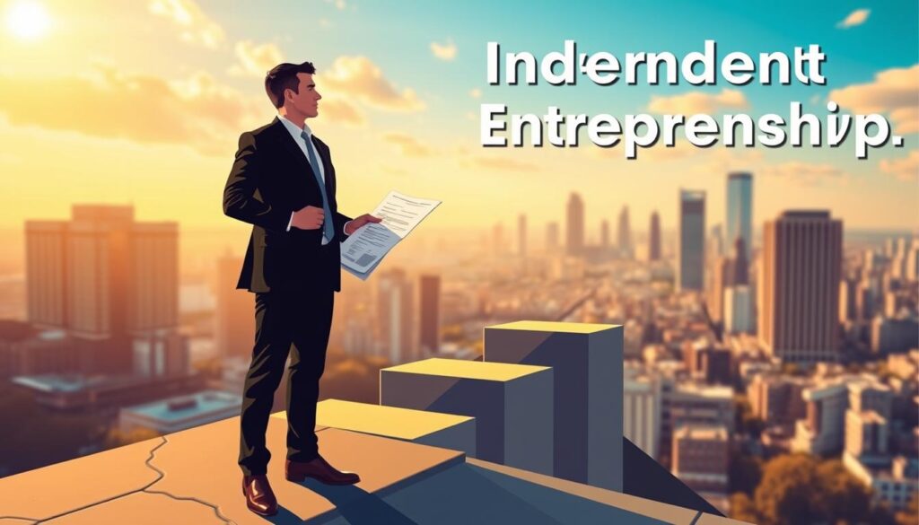 A vibrant, dynamic illustration of the steps to independent entrepreneurship. In the foreground, a figure standing confidently, holding a blueprint or business plan. Behind them, a series of stepping stones or milestones, each representing a key stage - securing funding, developing a business plan, registering a company, setting up operations. The middle ground features a bustling cityscape, suggesting the urban environment in which this entrepreneurial journey is unfolding. Warm, golden lighting casts a hopeful glow, while a sense of momentum and progress permeates the scene. The overall composition conveys the determination, resilience, and sense of opportunity inherent in striking out on one's own as a professional.