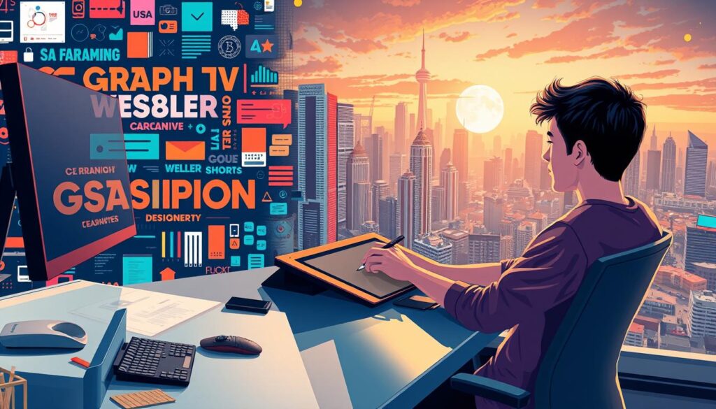 A vibrant, dynamic illustration showcasing the path to becoming a graphic designer. In the foreground, a young creative sits at a sleek, modern workstation, hands skillfully wielding a digital drawing tablet. The mid-ground features a mosaic of graphic design elements - bold typography, vibrant color palettes, and intricate vector illustrations. In the background, a cityscape with towering skyscrapers and a bustling creative hub, hinting at the vast opportunities available to those who pursue this dynamic profession. Warm, cinematic lighting casts a sense of inspiration and possibility, while the overall composition conveys a harmonious balance of technical mastery and artistic expression.