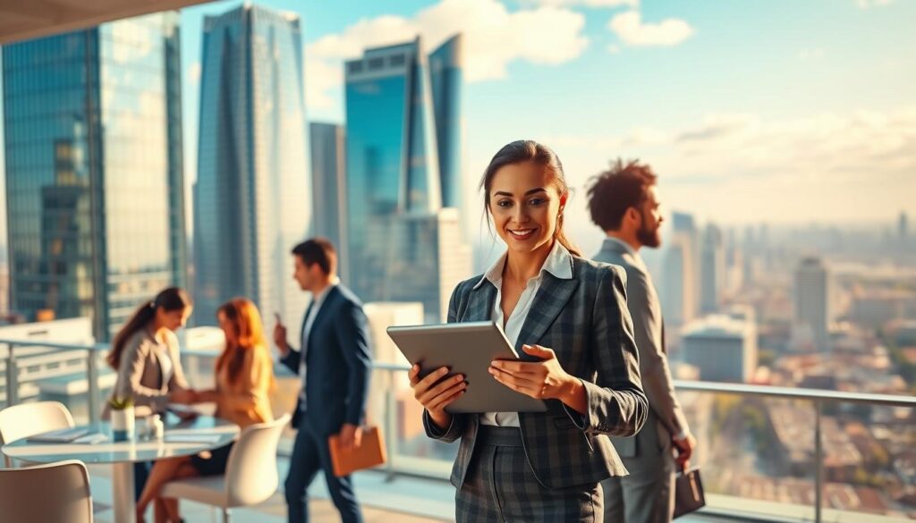 A vibrant, dynamic scene showcasing the promising future of a career as a career consultant. In the foreground, a professional woman stands confidently, tablet in hand, guiding a diverse group of clients through personalized career planning. The middle ground features a bustling office environment, with colleagues collaborating and technology enabling seamless consultations. In the background, a skyline of towering glass buildings and a bustling cityscape, symbolizing the wide-ranging opportunities available to skilled career consultants. The scene is illuminated by warm, natural lighting, creating a sense of optimism and growth. The overall composition conveys the in-demand nature of this fulfilling profession and the rewarding career trajectory it offers.