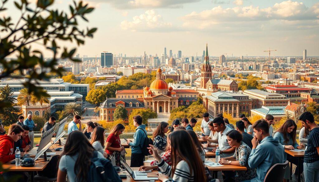 A vibrant educational landscape showcasing the diverse paths of specialized training. In the foreground, students engage in hands-on learning, immersed in subjects like design, technology, and the arts. The middle ground features a range of specialized institutions, each with a distinct architectural style, reflecting the unique character of their programs. In the background, a cityscape frames the scene, hinting at the professional opportunities that await those who pursue these specialized educational tracks. Warm lighting illuminates the scene, creating a sense of aspiration and possibility. A wide-angle lens captures the breadth of options, while a shallow depth of field emphasizes the focal points of the composition.