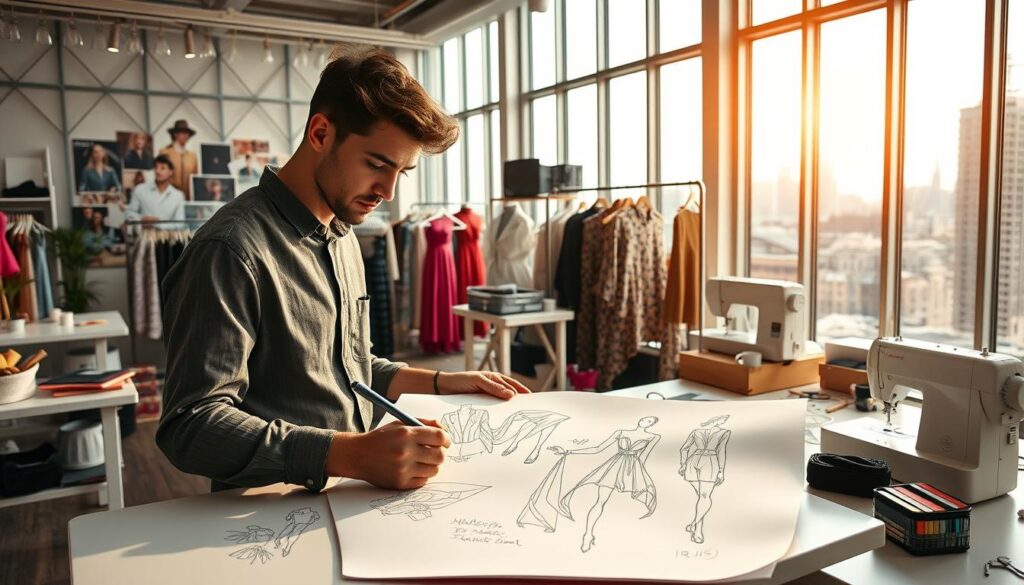 A vibrant fashion design studio with large windows, natural light, and a dynamic workspace. In the foreground, a skilled designer sketches intricately detailed garment designs, showcasing their creative vision. In the middle ground, mood boards, fabric swatches, and sewing machines demonstrate the process of bringing ideas to life. The background features a city skyline, hinting at the global reach and future possibilities for the fashion designer. The overall atmosphere conveys a sense of innovation, inspiration, and a promising career path ahead.