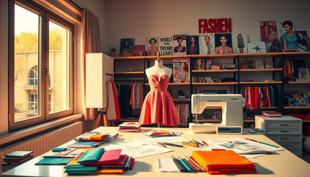 A vibrant fashion designer's workspace, bathed in warm, natural lighting from a large window. In the foreground, an array of colorful fabric swatches, sketches, and design tools are artfully arranged on a sleek, minimalist desk. The middle ground features a state-of-the-art sewing machine and a dress form adorned with a partially completed garment, showcasing the designer's technical prowess. In the background, shelves brimming with fashion magazines, trend forecasts, and inspirational mood boards provide a glimpse into the designer's creative process. The overall scene conveys a sense of focus, creativity, and the multifaceted skills required to thrive in the dynamic world of fashion design.