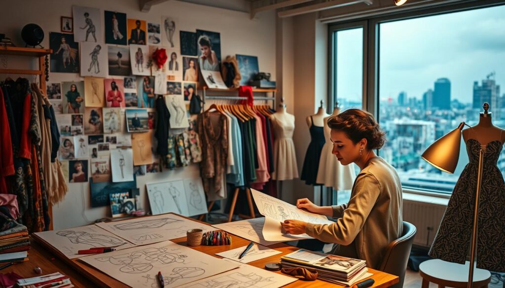 A vibrant fashion studio filled with intricate sketches, colorful fabric swatches, and a designer passionately exploring their craft. Soft, warm lighting illuminates the space, casting a cozy, inspiring atmosphere. In the foreground, the designer sits at a wooden desk, lost in concentration as they meticulously refine a new design, their eyes alight with the thrill of creation. Surrounding them, a collage of inspirational images, mood boards, and half-finished garments hint at the designer's creative process. In the background, a large window offers a glimpse of the bustling city beyond, a reminder of the real-world impact and excitement of their work. The scene conveys the designer's deep sense of purpose, artistry, and connection to the broader fashion industry.
