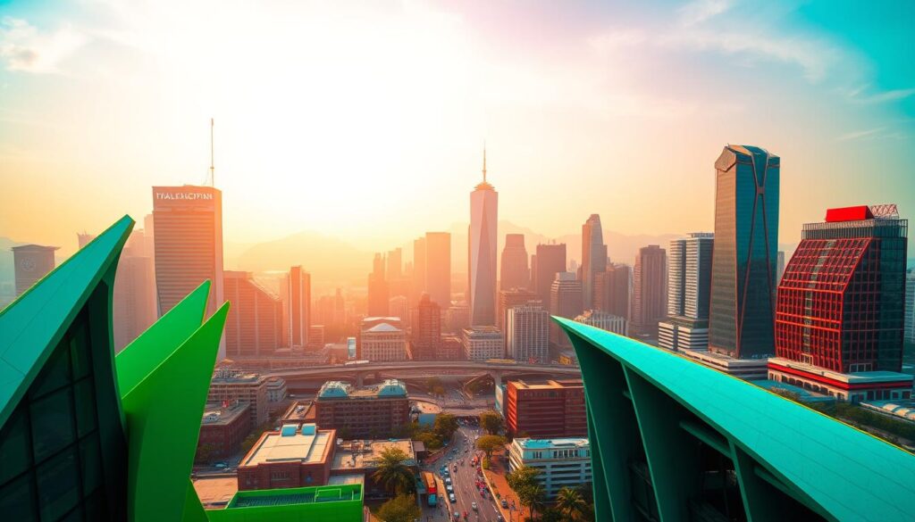A vibrant, forward-looking cityscape bathed in a spectrum of bold, dynamic colors. In the foreground, a dazzling array of modern architecture featuring sleek, angular structures in vivid hues of blue, green, and red. The midground showcases a bustling metropolis, with skyscrapers and bridges reflecting the city's energy and progression. The background fades into a luminous, gradient sky, hinting at the endless possibilities and the ever-evolving nature of color in the future. Warm, diffused lighting casts a sense of optimism and promise, while a wide-angle, cinematic lens captures the grand, ambitious scale of the scene.