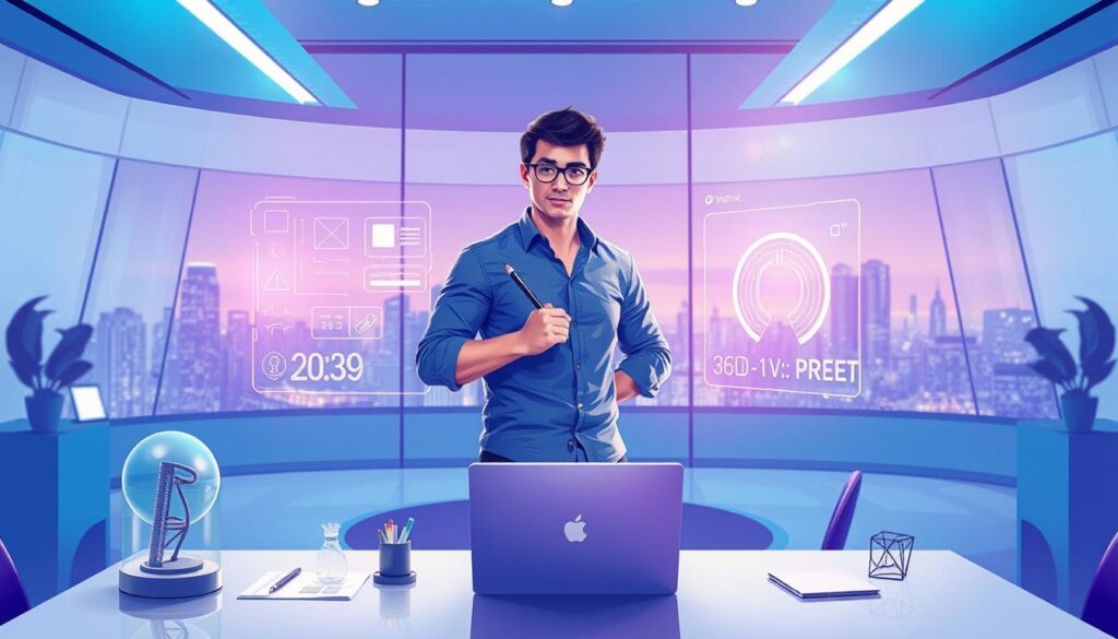 A vibrant, forward-looking illustration of a designer's future potential. Set in a modern, sleek workspace, a designer stands confidently at a desk, laptop open and pencils in hand, surrounded by holographic displays showcasing innovative design concepts. Hues of blue and violet create a futuristic, tech-savvy atmosphere, complemented by ambient lighting and a cityscape visible through panoramic windows. The designer's body language exudes a sense of purpose and determination, reflecting the dynamic and ever-evolving nature of the design industry. Subtle details, such as 3D-printed prototypes and a smart-device interface, hint at the designer's mastery of cutting-edge tools and technologies that shape the future of their craft.