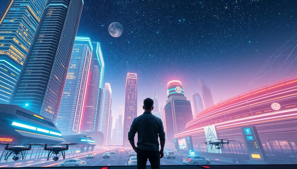 A vibrant, futuristic cityscape depicting the prospect of a "boomerang career" - the concept of returning to a former employer or industry. In the foreground, a person stands contemplatively, gazing up at towering, neon-lit skyscrapers that reach towards an expansive, starry night sky. The buildings feature sleek, angular architecture and reflective surfaces that mirror the individual, suggesting the cyclical nature of career paths. The mid-ground includes hover-cars, drones, and other advanced technologies, hinting at the innovative, technology-driven future. The background showcases a horizon line with glowing, holographic displays, creating a sense of endless possibilities and the blending of the physical and digital realms. The overall scene conveys a sense of awe, introspection, and the embracing of new opportunities, even in the face of unconventional career trajectories.