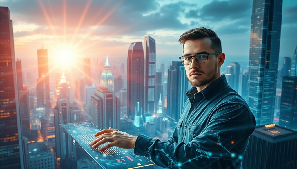 A vibrant, futuristic cityscape filled with towering skyscrapers and gleaming glass facades. In the foreground, a confident programmer stands amid a flurry of digital code, their hands deftly typing on a sleek, holographic interface. Brilliant beams of light emanate from the code, casting a warm, ethereal glow across the scene. The programmer's face is set with determination, their eyes filled with a sense of boundless potential. In the background, the city stretches out endlessly, a testament to the endless possibilities that await skilled and innovative programmers. The scene is bathed in a cool, electric palette, with hints of neon accents that hint at the cutting-edge technology that permeates this futuristic landscape. An atmosphere of boundless opportunity and technological advancement pervades the image, capturing the limitless potential of the programmer's career path.