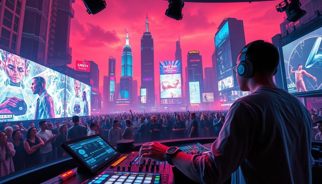 A vibrant, futuristic landscape showcasing the boundless potential of the video jockey profession. In the foreground, a skilled VJ commands a dazzling array of digital screens, their fingers dancing across cutting-edge audio/visual equipment, creating a mesmerizing, immersive performance. The middle ground features a crowd of captivated onlookers, their faces aglow with the pulsing lights and infectious energy. In the background, towering skyscrapers and holographic billboards hint at the high-tech, ever-evolving nature of the industry. Warm, neon-tinged lighting casts a futuristic glow, while a sense of dynamism and innovation permeates the scene, suggesting the boundless career potential for video jockeys in the years to come.