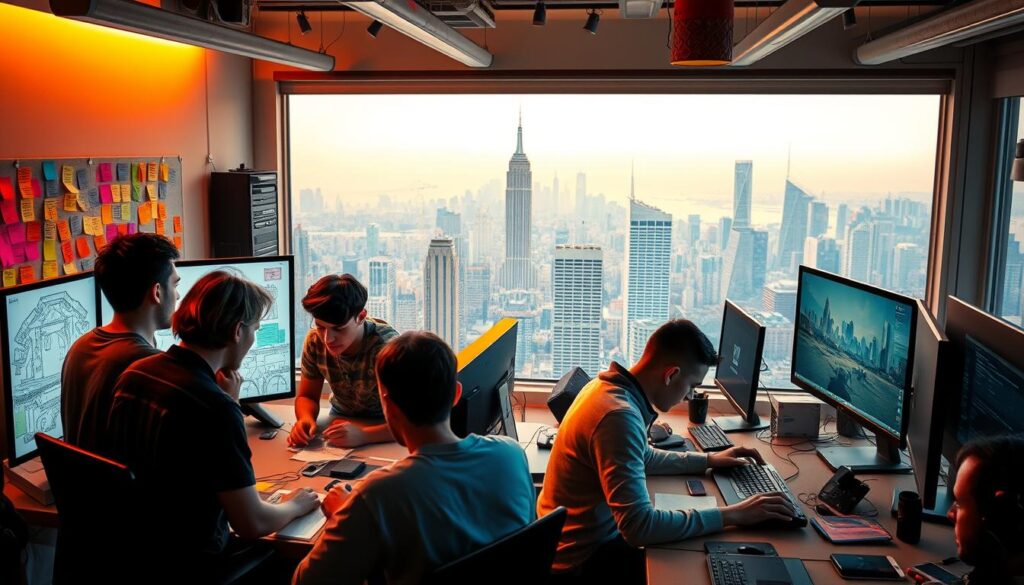 A vibrant game development studio, bustling with creativity and camaraderie. In the foreground, a team of passionate designers huddled around a large monitor, immersed in the intricate details of a level they're crafting. Colorful Post-it notes and sketches adorn the walls, showcasing the iterative process. In the middle ground, a programmer hunches over a keyboard, their fingers flying across the keys as they bring the game's mechanics to life. Overhead, the warm glow of task lighting casts a soft, focused ambiance, while the gentle hum of computers creates a soothing, productive rhythm. In the background, a panoramic view of the bustling city skyline, a testament to the game's grand ambitions. This is the thrilling, collaborative environment where game developers pour their hearts into creating experiences that captivate and inspire players.