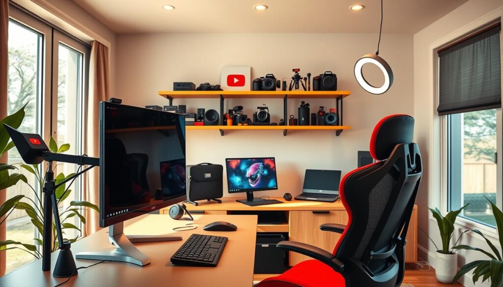 A vibrant, high-definition photograph of a successful YouTube creator's workspace. The foreground features an ergonomic desk with a modern computer setup, including a high-end gaming monitor, a professional-grade microphone, and a ring light for optimal lighting. In the middle ground, shelves display an array of content creation tools, cameras, and video editing equipment. The background showcases a cozy, minimalist home office environment with large windows that let in natural light, creating a warm and productive atmosphere. The overall scene conveys a sense of focus, dedication, and the trappings of a thriving YouTube career.