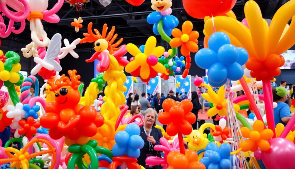 A vibrant, highly detailed image of various balloon art forms, including elaborate sculptures, intricate designs, and whimsical creations. The foreground showcases a range of colorful balloons in diverse shapes and sizes, expertly twisted and manipulated by skilled balloon artists. The middle ground features a group of balloon artists at work, capturing the creative process and the dedication required to master this unique art form. The background depicts a lively, well-lit setting, perhaps a festival or a performance venue, where the balloon art is showcased and celebrated. The image conveys a sense of playfulness, creativity, and the technical expertise required to craft these unique and captivating balloon artworks.