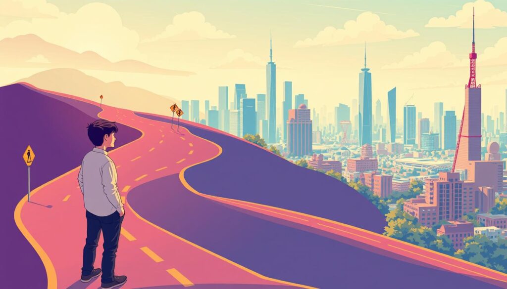A vibrant illustration of a career path, showcasing a winding road leading from an entry-level position to a seasoned professional role. In the foreground, a young person stands at the start of their journey, contemplating the path ahead. The middle ground features various milestones and obstacles, represented by subtle icons and signposts. In the background, a cityscape with towering skyscrapers and bustling activity symbolizes the vibrant career landscape. The scene is illuminated by warm, directional lighting, creating a sense of optimism and opportunity. The overall composition conveys the transformative journey from novice to expert, reflecting the "Careerpath: From Beginner to Pro" section of the article.