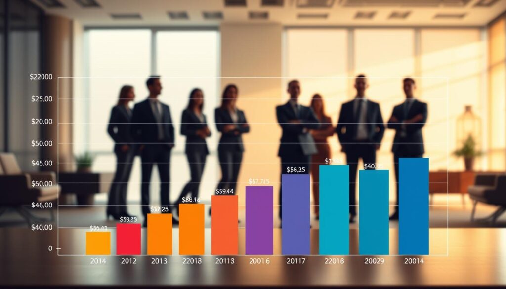 A vibrant infographic displaying a clear comparison of annual incomes for different managerial roles. The foreground features a neatly organized bar chart with distinct color-coded segments, showcasing the relative earnings of various general manager positions. The middle ground depicts silhouettes of professional businesspeople in formal attire, conveying the corporate setting. The background is a softly blurred office environment, with minimalist furniture and decor evoking a modern, sophisticated ambiance. The lighting is warm and directional, creating depth and highlighting the key information. The overall composition strikes a balance between analytical clarity and visual appeal, making it an informative yet visually striking illustration of general manager salaries.