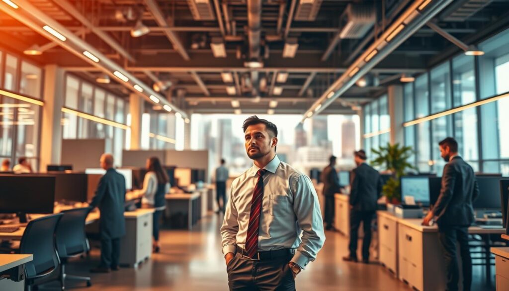 A vibrant, inspirational image of a facility manager's journey. In the foreground, a determined professional stands amidst a bustling office, considering strategies to optimize workflows and drive efficiency. The middle ground showcases various workplace assets under their purview - from sleek technology to well-maintained infrastructure. In the background, a cityscape of towering buildings hints at the broad scope of responsibilities. Warm, diffused lighting casts a sense of focus and purpose, while a subtle color palette evokes a harmonious, professional atmosphere. Captured with a wide-angle lens to convey the multifaceted nature of facility management. This image aims to encapsulate the key skills, responsibilities, and aspirations of those seeking to become successful facility managers.