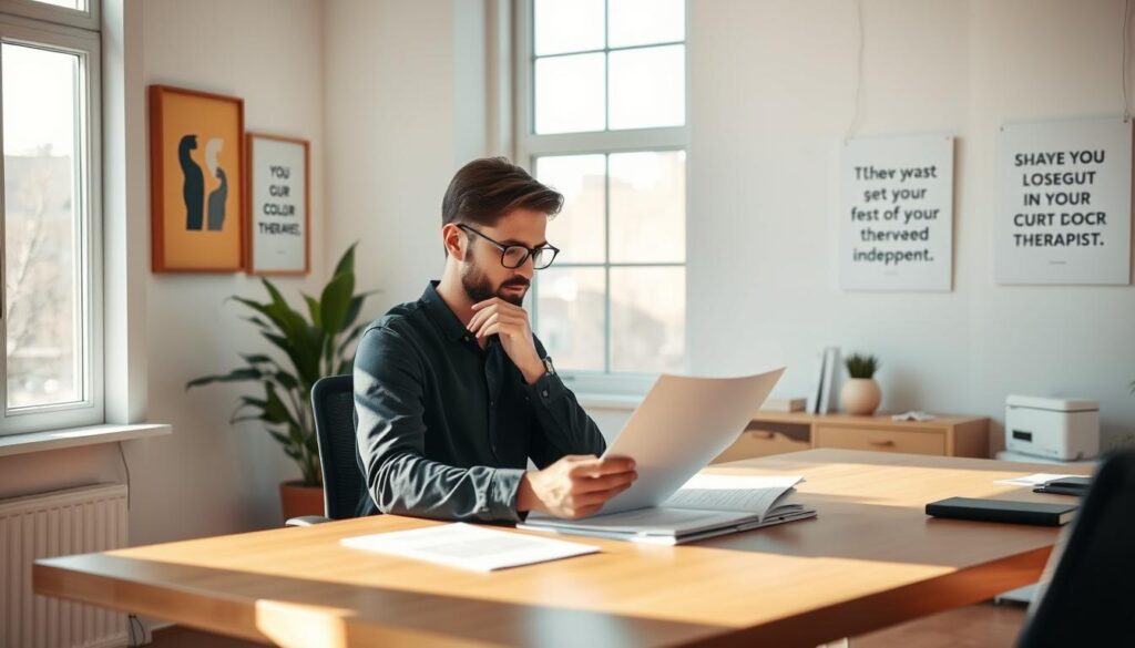 A vibrant, modern office space with a minimalist aesthetic. In the foreground, a self-employed color therapist sits at a clean, wooden desk, deep in thought as they review financial documents and plans for their independent practice. Soft, natural lighting filters in through large windows, casting a warm glow and creating a serene, productive atmosphere. On the walls, inspirational artwork and motivational quotes provide a sense of focus and ambition. In the background, a potted plant and sleek, monochromatic decor elements convey a sense of professionalism and success. The overall scene emanates a feeling of accomplishment, dedication, and the rewarding journey of independent entrepreneurship.