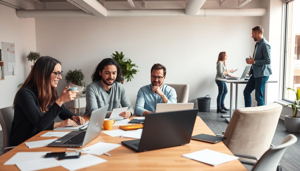 A vibrant office scene showcasing the diversity of work styles. In the foreground, a group of colleagues collaborating at a shared desk, laptops open, papers scattered, gesturing animatedly. In the middle ground, an individual working remotely from a comfortable armchair, sipping coffee. In the background, a pair of employees engaged in a friendly discussion, standing at a standing desk. Soft, warm lighting illuminates the space, creating a welcoming, productive atmosphere. The scene conveys a sense of flexibility, cooperation, and a modern, forward-thinking work culture.