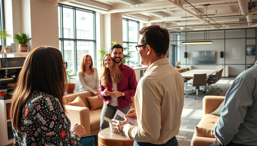 A vibrant office setting showcasing the comprehensive benefits enjoyed by compensation consultants. In the foreground, a group of colleagues engaged in lively discussion, their faces lit by the warm glow of natural lighting filtering through large windows. The middle ground features a well-stocked break room with plush seating, a state-of-the-art coffee machine, and a variety of healthy snacks, illustrating the emphasis on work-life balance. In the background, a modern and spacious conference room equipped with the latest collaborative technology, hinting at the company's investment in professional development. The overall atmosphere conveys a sense of contentment, productivity, and a strong commitment to employee well-being.