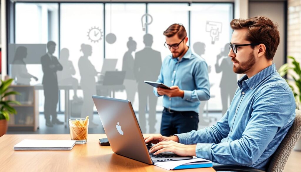 A vibrant, realistic image of various employment types for a systems engineer, set against a backdrop of a modern office environment. In the foreground, depict a full-time employee working at a desk, with a laptop, papers, and office supplies. In the middle ground, showcase a contractor or freelancer collaborating with the team, perhaps using a tablet or mobile device. In the background, include abstract silhouettes or icons representing other employment options such as part-time, temporary, or remote work. Utilize natural lighting and a slightly muted color palette to convey a professional, business-oriented atmosphere. Ensure the overall composition and details clearly communicate the concept of "employment types" for a systems engineer.