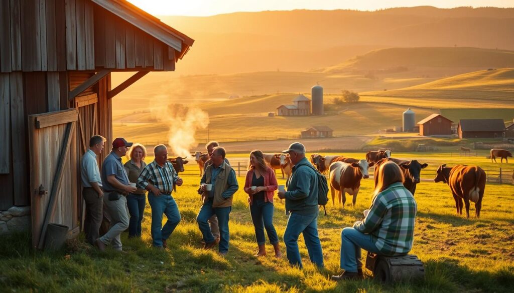 A vibrant rural community of dairy farmers, set against a backdrop of rolling hills and lush green pastures. In the foreground, a group of farmers gather around a weathered barn, sharing stories and exchanging knowledge over cups of steaming coffee. The warm, golden light of the morning sun bathes the scene, casting a cozy, inviting atmosphere. In the middle ground, cows graze peacefully, their content mooing punctuating the peaceful ambiance. In the distance, a cluster of quaint farmhouses and silos dot the landscape, hinting at the interconnected nature of this tight-knit farming community. The overall impression is one of camaraderie, hard work, and a deep appreciation for the land and the animals that sustain this way of life.