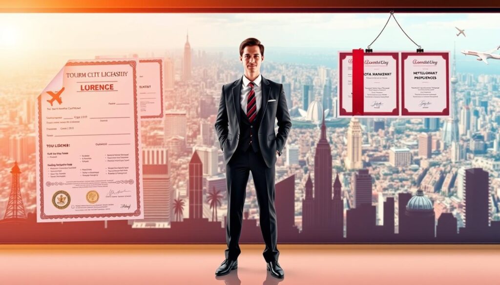 A vibrant scene depicting the key certifications and qualifications advantageous for a career in the tourism industry. In the foreground, a detailed illustration of a tour guide license, hotel management certification, and language proficiency diplomas. In the middle ground, an elegantly dressed professional standing confidently, surrounded by silhouettes of hotels, airports, and landmarks. The background features a panoramic vista of a bustling city skyline, conveying the dynamic nature of the tourism sector. Warm lighting casts a welcoming glow, creating an atmosphere of expertise and opportunity within the travel and hospitality field.