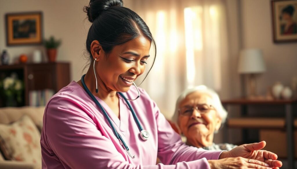 A vibrant scene of a home healthcare worker providing compassionate care to an elderly patient, bathed in warm, natural lighting. The caregiver's face reflects a sense of dedication and empathy as they assist the patient with daily tasks. In the background, a cozy, well-appointed living space conveys a sense of comfort and dignity. The composition emphasizes the importance of the caregiver's role in improving the quality of life for those they serve, underscoring the need for fair compensation and enhanced professional development opportunities.