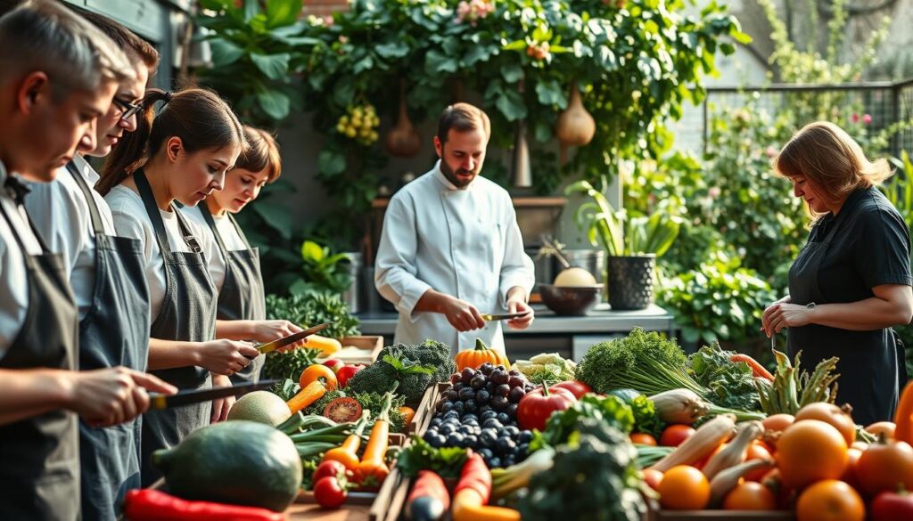 A vibrant scene of a vegetable sommelier's professional support network. In the foreground, a group of dedicated individuals, dressed in crisp aprons and wielding knives, carefully inspect and prepare an array of fresh, seasonal produce. The middle ground features a cozy kitchen workspace, where a sommelier in a pristine white coat collaborates with chefs, sharing their expertise on the unique flavors and properties of each vegetable. In the background, a sun-dappled garden bursts with lush greenery, hinting at the abundance of nature's bounty that fuels this supportive ecosystem. Soft, diffused lighting casts a warm, inviting glow, capturing the spirit of camaraderie and professionalism that drives the vegetable sommelier's valuable contributions.