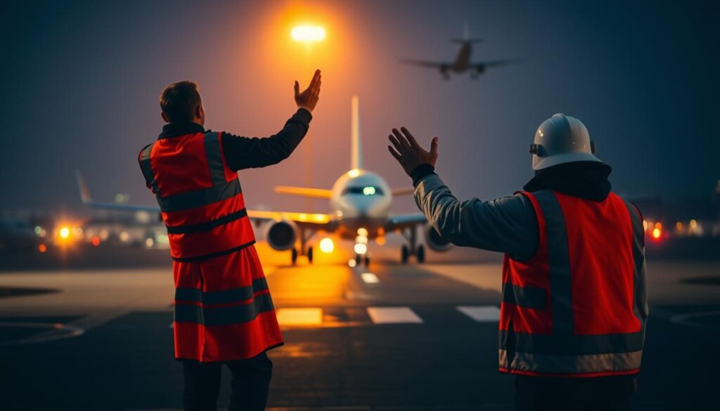 A vibrant scene of an aircraft marshaller guiding a passenger jet with dynamic hand signals, illuminated by the warm glow of runway lights. The marshaller's distinctive orange vest and reflective gear stand out against the dimly lit tarmac, their movements choreographed with precision. In the background, other aircraft can be seen taking off or landing, creating a sense of bustling airport activity. The composition emphasizes the marshaller's central role, capturing the thrill and importance of their work in ensuring the safe maneuvering of large aircraft. The overall atmosphere conveys a feeling of efficiency, professionalism, and the vital contribution of the marshaller to the smooth operation of the airport.