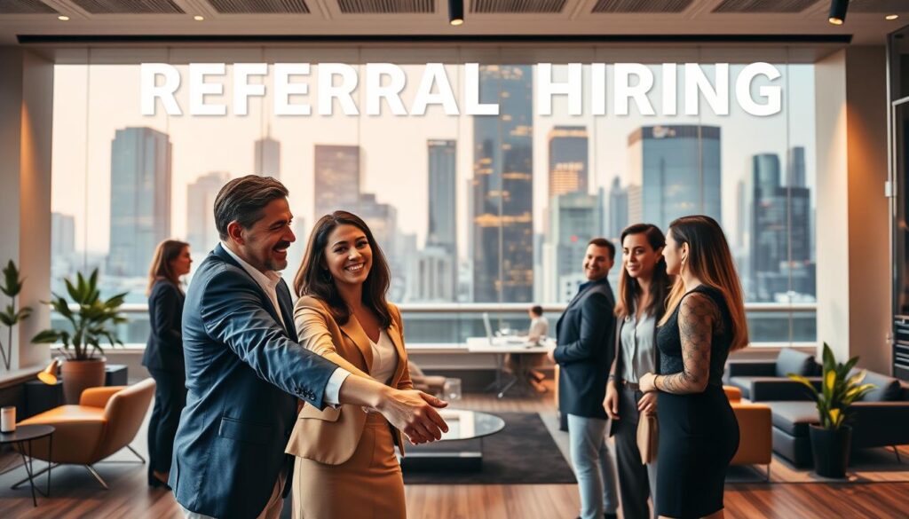 A vibrant scene showcasing the power of referral hiring. In the foreground, a group of diverse professionals shake hands, symbolizing the human connections that drive successful referrals. In the middle ground, a sleek, modern office space with stylish furnishings and warm lighting evokes a dynamic, collaborative work environment. The background features towering skyscrapers, representing the broader business landscape where referrals can elevate careers. The overall mood is one of opportunity, camaraderie, and professional growth, capturing the essence of leveraging referrals to thrive in the job market.
