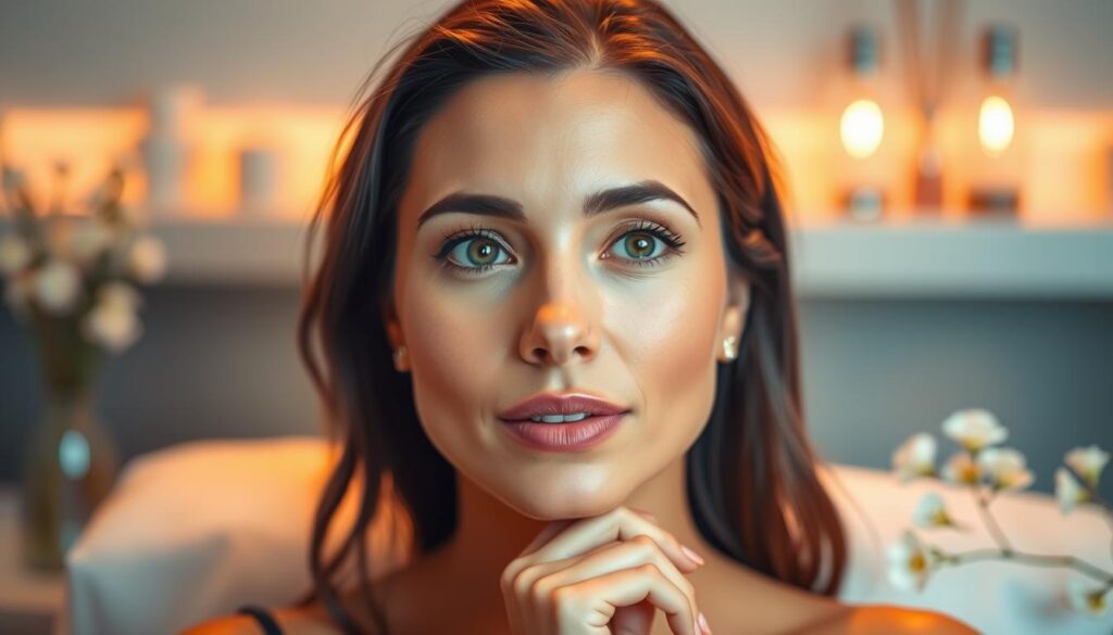 A vibrant, soft-focus portrait of an esthetician, illuminated by warm, diffused lighting that highlights their serene and focused expression. The subject is captured in a thoughtful pose, surrounded by the soothing ambiance of a spa-like setting, with delicate floral accents and a tranquil, neutral color palette. The image conveys a sense of nurturing care, professionalism, and the ideal temperament for this rewarding career path.
