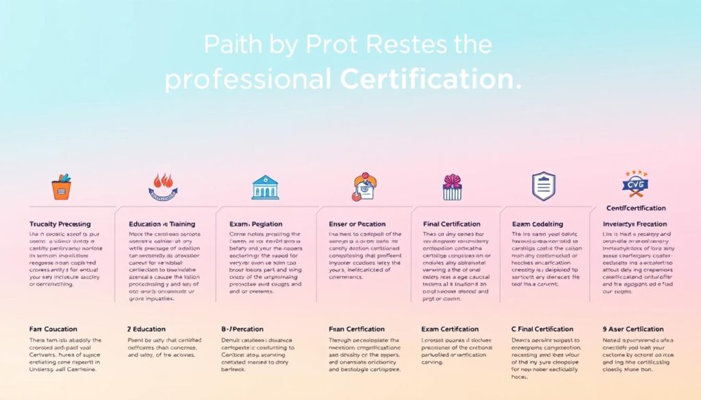 A vibrant, step-by-step infographic showcasing the path to professional certification. In the foreground, a dynamic set of icons and illustrations depict the various stages - from education and training to exam preparation and final certification. The middle ground features a clean, minimalist layout with clear, concise text outlining each step. The background is a serene, gradient-based palette, providing a sense of direction and progression. The overall composition conveys a sense of accomplishment, organization, and a structured approach to achieving one's professional goals. Soft, directional lighting creates depth and highlights the key elements, while a wide-angle camera angle captures the comprehensive nature of the steps involved.