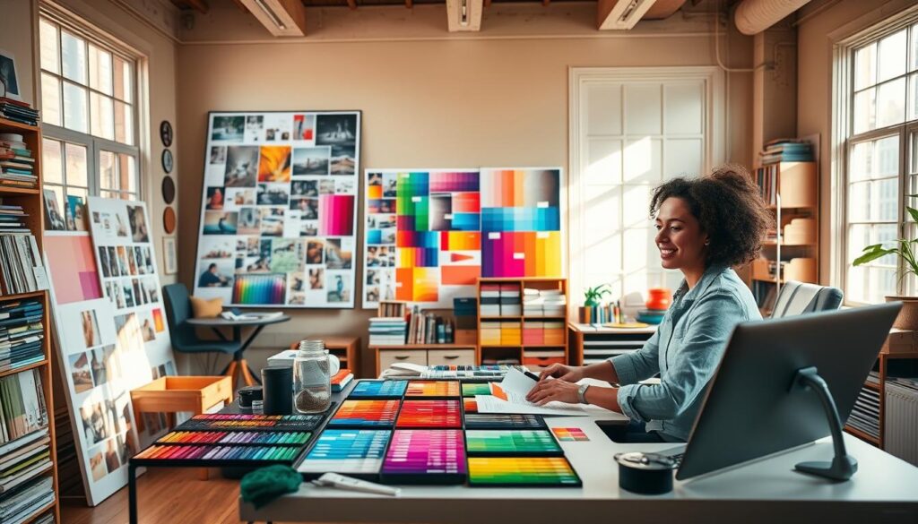 A vibrant studio space, bathed in warm natural light filtering through large windows. In the foreground, a color expert sits at a sleek workstation, meticulously arranging and blending an array of vibrant pigments, palettes, and swatches. The middle ground reveals a mood board filled with inspirational images, color studies, and material samples. In the background, shelves brimming with reference books, color theory manuals, and organizational tools. The expert's face exudes a sense of focus and passion, conveying the deep satisfaction found in the precise and creative work of color curation and communication. An atmosphere of discovery, exploration, and the pursuit of harmonious visual experiences permeates the scene.