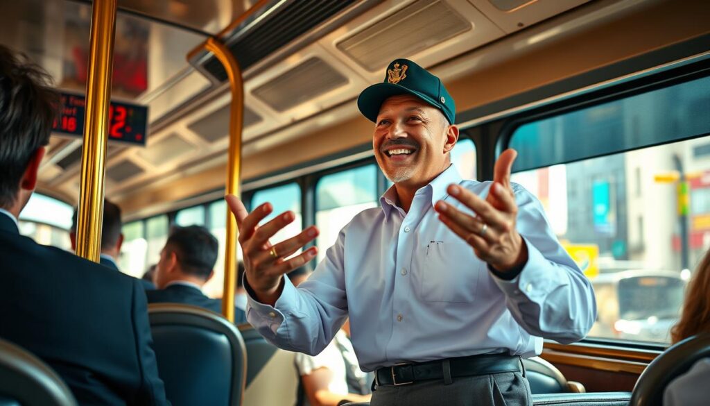 A vibrant, sun-drenched scene of a charismatic bus guide gesturing animatedly as they narrate the sights and stories of a bustling city. Intricate details of their uniform - crisp shirt, tailored slacks, and a neatly pressed cap - convey a sense of professionalism and authority. Their warm, engaging expression captivates passengers, while the bus's gleaming exterior and the lively urban backdrop create a palpable atmosphere of discovery and adventure. Soft, directional lighting illuminates the guide's face, highlighting their enthusiasm and the joy they take in their role. The composition emphasizes the guide's central position, drawing the viewer's eye to the focal point of this dynamic, immersive experience.