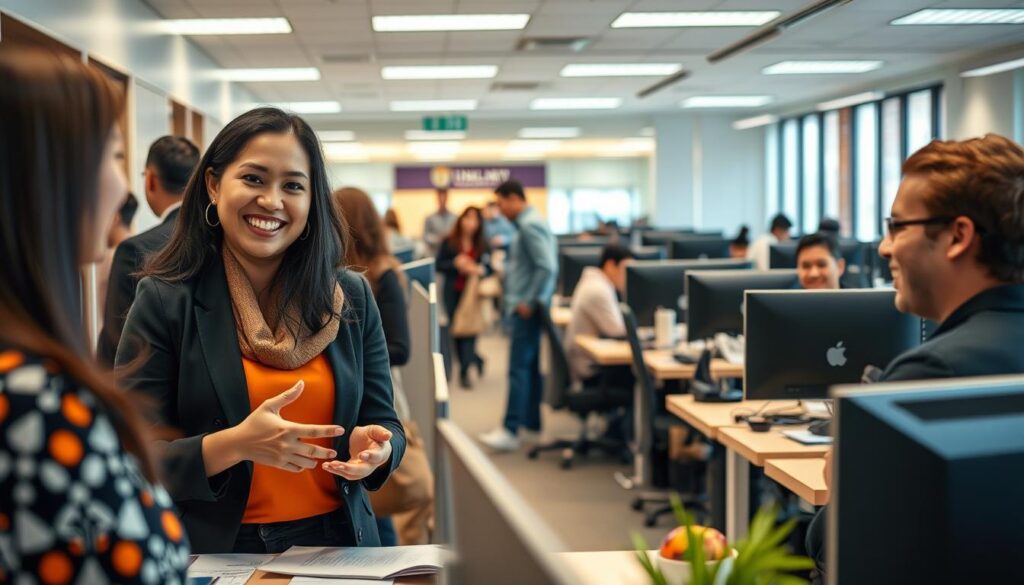 A vibrant university office bustling with activity, showcasing the allure of administrative roles. In the foreground, a welcoming university staff member attentively assisting a student, their warm demeanor and professional attire exuding a sense of purpose. The mid-ground features a team of dedicated employees collaborating at their desks, their expressions focused yet content. The background depicts a modern, well-equipped university setting, with clean lines, bright lighting, and a subtle hint of university-branded decor, conveying a sense of institutional pride and efficiency. The overall scene radiates a harmonious blend of productivity, service, and the rewarding nature of university administration.