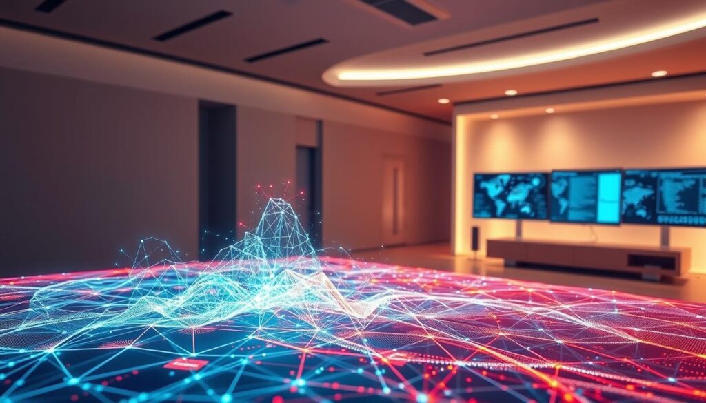 A vibrant visualization of "spatial information analysis skills", showcasing a dynamic 3D data visualization landscape. In the foreground, a holographic projection depicts intricate geospatial data points, pulsing and interconnecting to form a complex web. The middle ground features a user interface with intuitive analytical tools, allowing the manipulation and interpretation of the data. In the background, a sleek, futuristic workspace with large, panoramic displays provides a seamless environment for spatial data exploration. Soft, indirect lighting illuminates the scene, creating a sense of depth and atmosphere. The overall composition conveys the power and versatility of spatial information analysis, a core skill for the modern geospatial consultant.