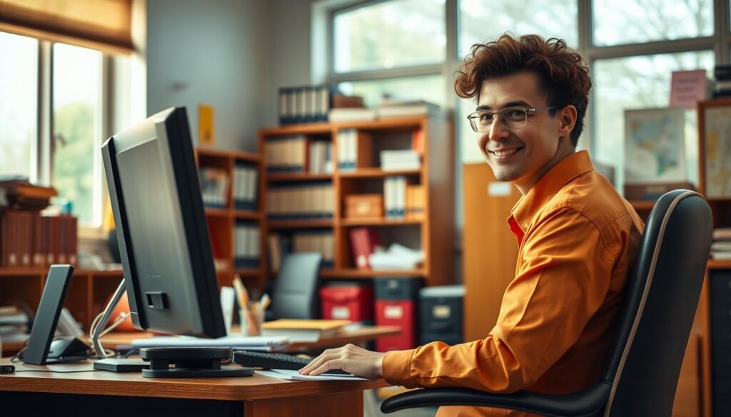 A vibrant, warmly lit office setting with a desk, chair, and various office supplies. In the foreground, a school administrator sits at the desk, intently focused on their computer screen, conveying a sense of purpose and dedication. The middle ground features bookshelves, filing cabinets, and other organizational elements, hinting at the administrative tasks and record-keeping responsibilities. The background showcases a large window, allowing natural light to pour in and creating a sense of openness and connection to the school community. The overall atmosphere is one of quiet efficiency, with the administrator's expression reflecting a deep sense of satisfaction and fulfillment in their important work.