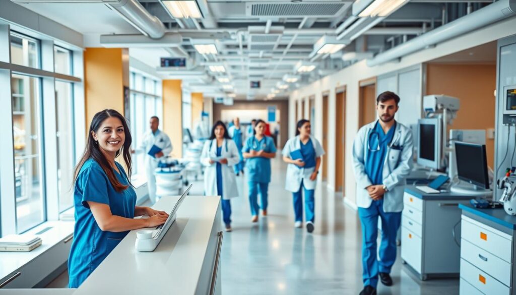 A vibrant, well-equipped medical facility with a bustling atmosphere. The foreground features a reception desk with a friendly staff member assisting patients. In the middle ground, healthcare professionals in scrubs and lab coats move purposefully through the corridors, while state-of-the-art medical equipment and technology line the walls. The background showcases a modern, open-plan design with plenty of natural light filtering in through large windows. The overall scene conveys a sense of efficiency, professionalism, and a commitment to patient-centered care.