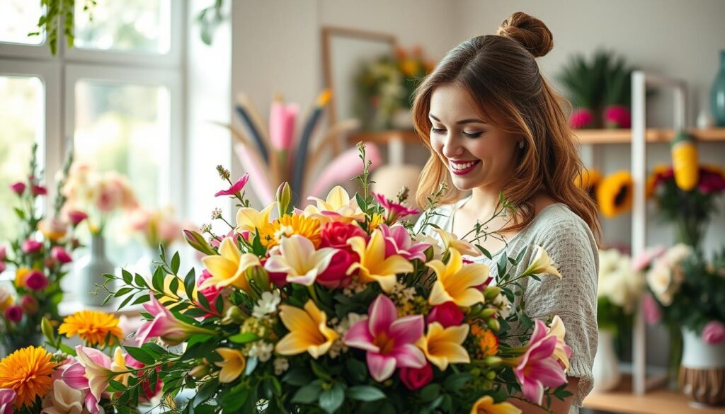 A vibrant, well-lit floral studio showcasing a passionate flower designer meticulously arranging a bouquet of lush, colorful blooms. Delicate petals in a variety of shapes and hues dance in the soft, diffused lighting, creating a serene, tranquil atmosphere. The designer's focused expression and graceful movements convey a deep sense of joy and fulfillment as they bring their artistic vision to life. Surrounding the scene, an array of fresh flowers, vases, and other design tools hint at the designer's expertise and commitment to their craft. The overall composition captures the essence of the floral designer's passion and the innate satisfaction found in creating something beautiful from nature's bounty.