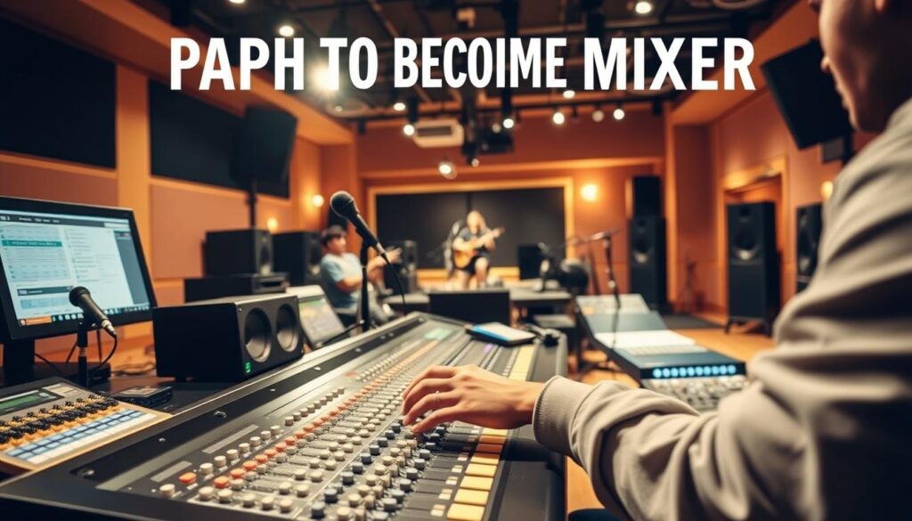A vibrant, well-lit scene depicting the path to becoming a mixer. In the foreground, a person diligently working behind a professional-grade mixing console, hands expertly manipulating the controls. The middle ground showcases various audio equipment, including microphones, speakers, and soundboards, symbolizing the tools of the trade. In the background, a recording studio or performance venue with warm, diffused lighting sets the stage for the mixer's domain. The overall atmosphere conveys a sense of focus, creativity, and the technical mastery required to excel in this field.