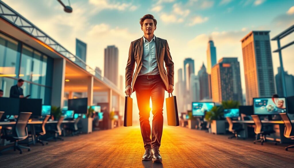 A vibrant, wide-angle scene depicting the benefits of a career change at age 29. In the foreground, a young professional confidently strides forward, briefcase in hand, exuding a sense of renewed purpose. The middle ground shows a diverse array of modern workspaces - open-concept offices, collaborative workstations, and projector screens displaying innovative concepts. The background features a cityscape of towering skyscrapers, symbolizing the expanded opportunities that await. Warm, golden lighting casts an optimistic glow, while a shallow depth of field draws the viewer's eye to the central figure, representing the personal growth and professional fulfillment of a midlife transition.