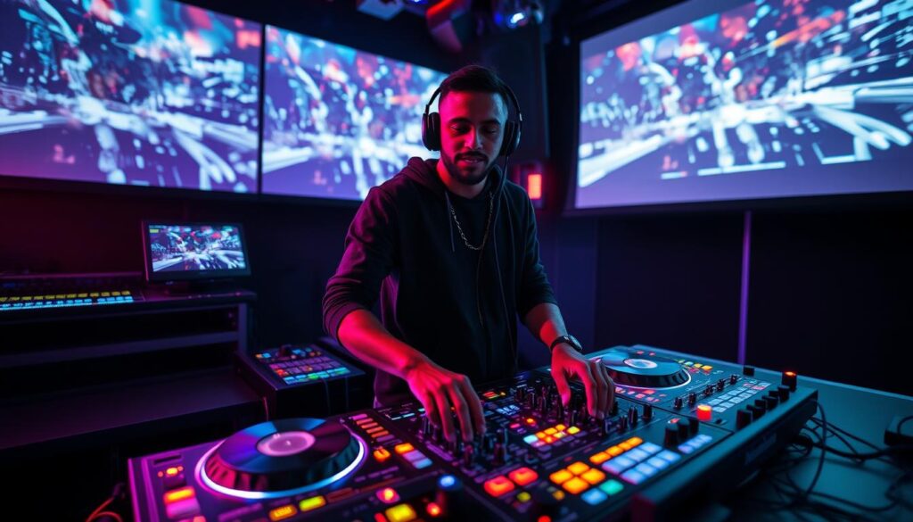 A video jockey standing confidently in a dimly lit studio, surrounded by vibrant electronic equipment and colorful LED lights. The jockey's hands expertly manipulate the turntables, immersed in the pulsing beats and rhythms. In the background, a large projection screen displays dynamic visuals, creating an immersive audiovisual experience. The scene conveys a sense of energy, passion, and the thrill of elevating one's career as a video jockey, capturing the essence of progression and success within this dynamic profession.
