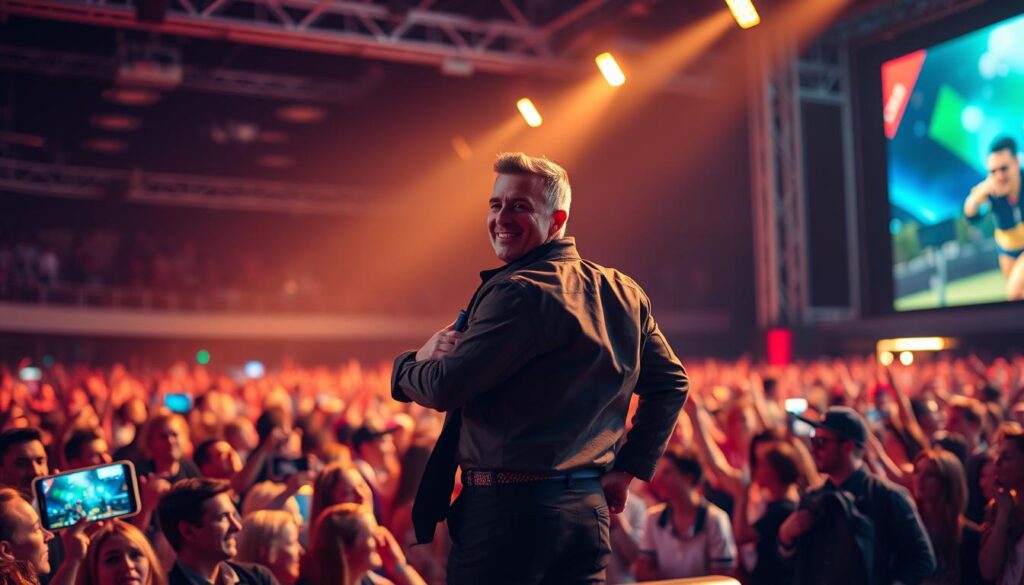 A video jockey standing confidently on a stage, surrounded by a dynamic, vibrant crowd. The lighting is warm and inviting, casting a soft glow on the jockey's face as they engage the audience with their infectious energy. In the background, a large screen displays captivating visuals, complementing the jockey's skillful performance. The scene exudes a sense of excitement and anticipation, as the jockey's promotional efforts draw the crowd's attention and enthusiasm. The composition highlights the jockey's charisma and the lively atmosphere of the event, capturing the essence of their promotional activities.