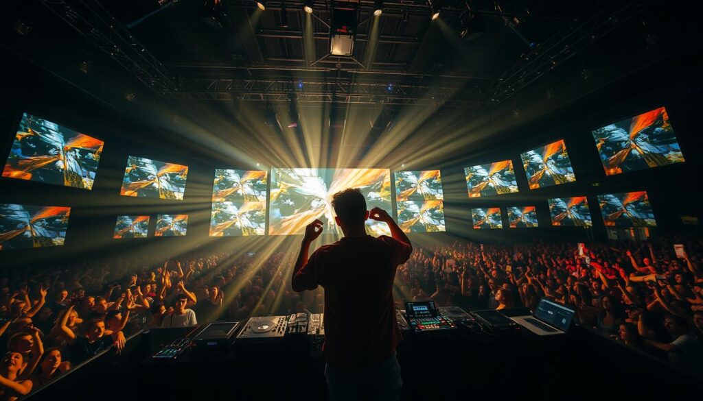 A video jockey stands confidently on a stage, surrounded by a mesmerizing array of screens and sound equipment. Dramatic lighting casts dynamic shadows, creating a captivating atmosphere. The jockey's hands move fluidly, expertly curating a seamless blend of visuals and music, immersing the audience in a captivating audiovisual experience. In the background, a teeming crowd dances and cheers, their energy palpable. The scene exudes a sense of excitement and the thrill of the challenge, as the video jockey pushes the boundaries of their craft, delivering a truly unforgettable performance.