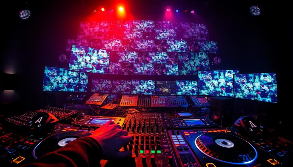 A video jockey's workspace, illuminated by a dynamic array of colorful lights and screens. In the foreground, a skilled pair of hands manipulate turntables, faders, and knobs, seamlessly blending music and visuals. The middle ground showcases a diverse array of audio equipment, from mixing consoles to digital controllers, all connected in a complex web of cables. In the background, a towering wall of monitors displays a mesmerizing array of visualizations, pulsing in sync with the beat. The scene is bathed in a moody, atmospheric lighting, creating a captivating and immersive environment for the video jockey to perform their craft. The overall atmosphere conveys the technical proficiency, creative vision, and dynamic energy required to excel as a video jockey.