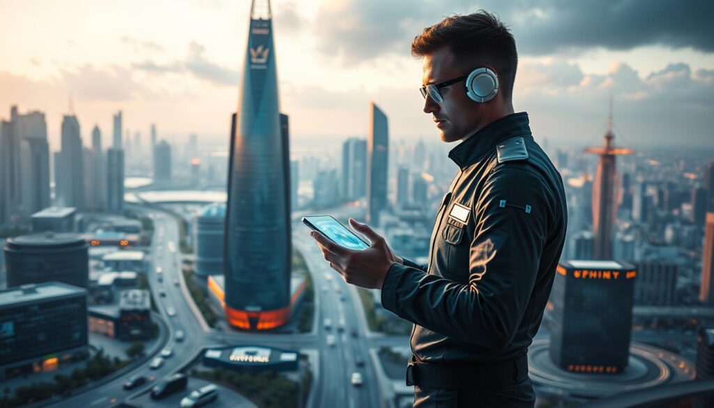A visionary depiction of a dynamic systems engineer, standing amidst a futuristic landscape. The foreground showcases the engineer, clad in a sleek, high-tech uniform, their gaze fixed intently on a holographic display, their hands gesturing as they navigate complex algorithms. The middle ground features a bustling cityscape, with towering skyscrapers and sleek, autonomous vehicles navigating the streets. The background is dominated by a panoramic view of a gleaming, advanced metropolis, where cutting-edge technology and sustainable infrastructure coexist harmoniously. The scene is illuminated by a warm, ambient glow, conveying a sense of progress and innovation. The overall atmosphere is one of excitement, possibility, and the endless potential of the systems engineering profession.